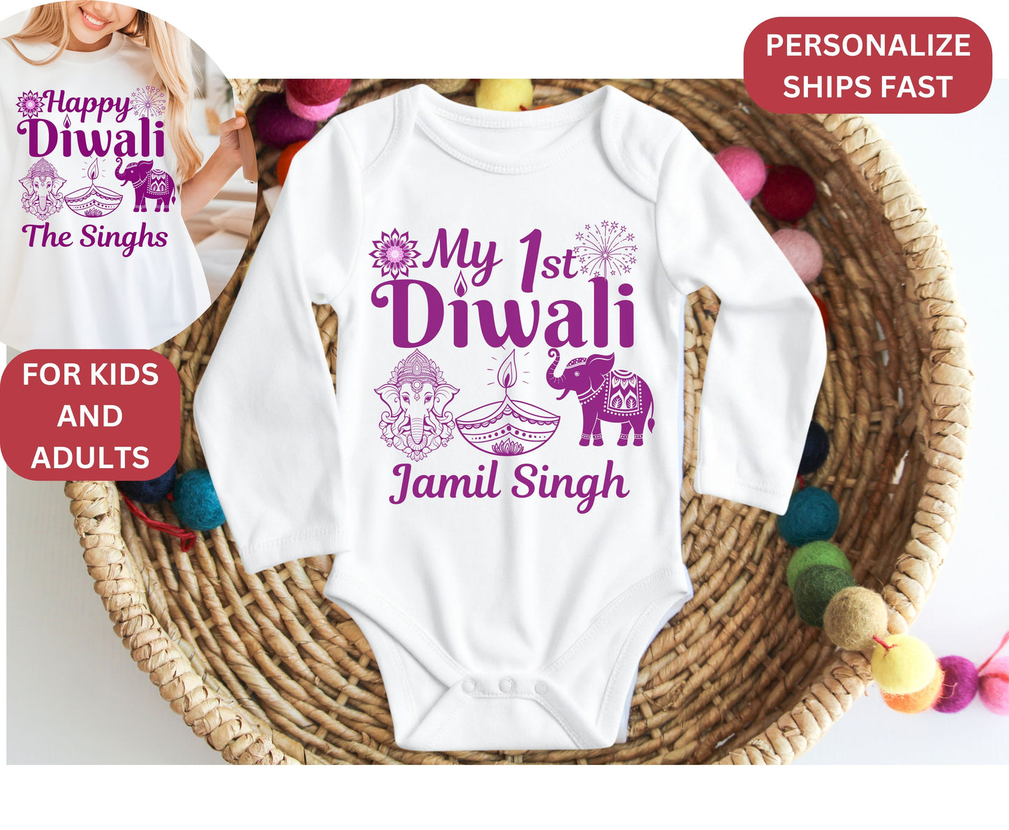 My First Diwali Bodysuit Family Matching Tee Sweatshirt options, Personalized Diwali Family Outfit