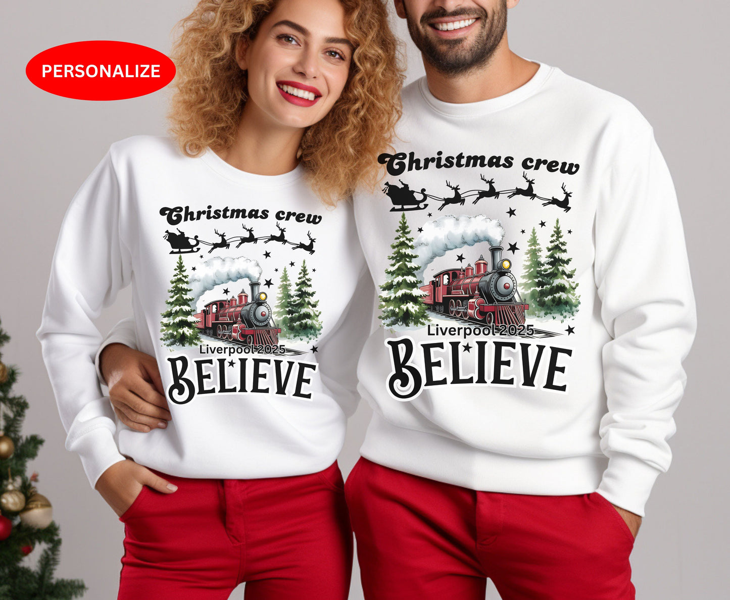 Personalized Christmas Believe  Family T-Shirts Sweatshirt - Trendy Christmas Holiday Shirt - Up to 5XL - for Mom Dad Baby