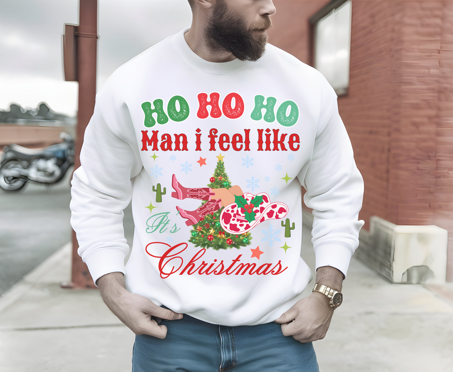 Western Christmas Jumper for Men Women Man I feel like its Christmas Cowboy Xmas Sweatshirt