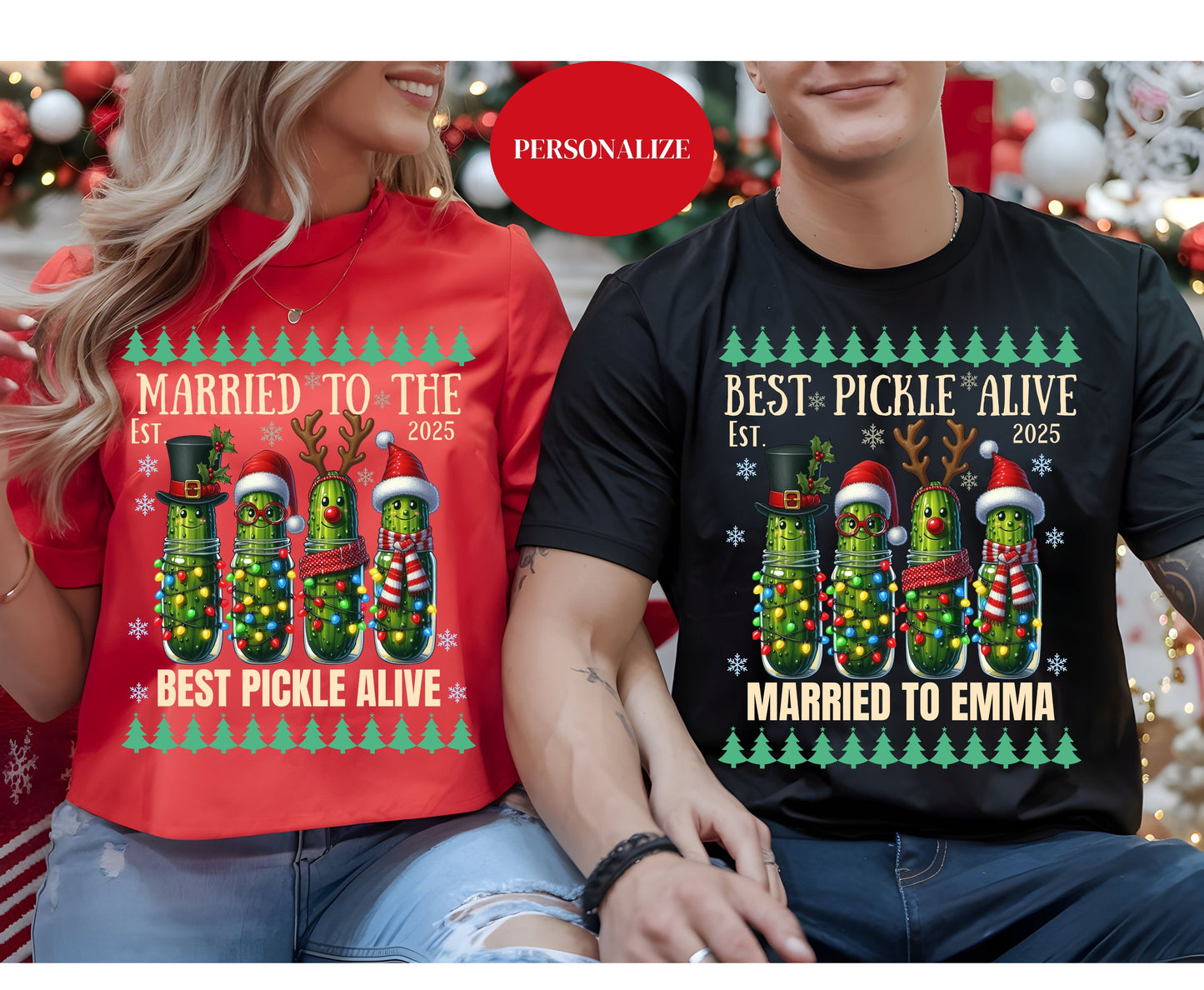 Funny Couple Matching Pickle Shirts - Unisex Couple Christmas Shirt for Men Women