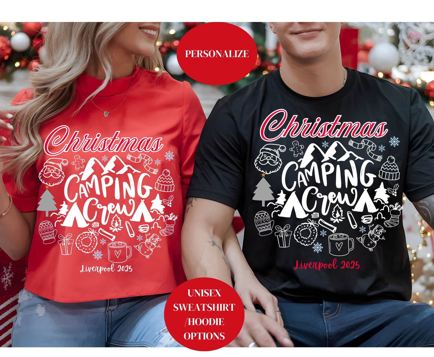 Personalized Christmas Camping Crew Tee Sweatshirt - Unisex Custom Xmas Camp Jumpers