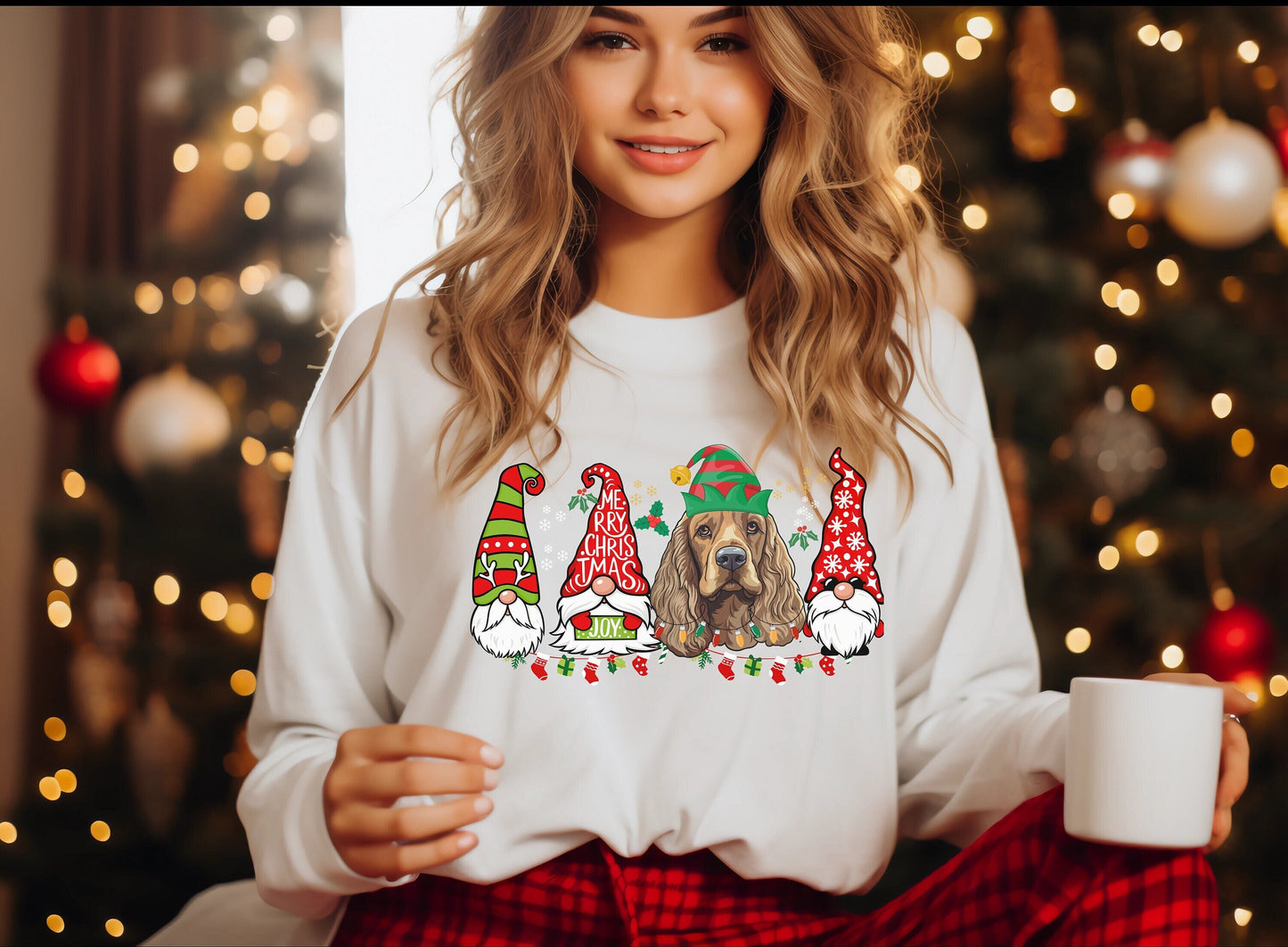 Colorful christmas top for dog owner, dog lover dog mom dog dad shirts gifts for xmas winter crewneck for men for women cocker spaniel top