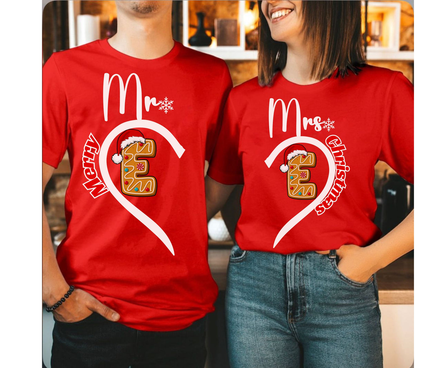 Cute Couple Merry Christmas Tops - Personalize Initial Mr and Mrs Tee Sweatshirt - Ginger Bread Love tops-  Prices Per shirt