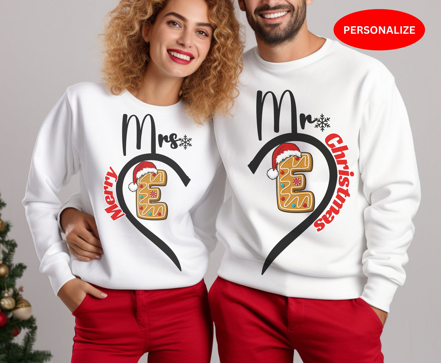 Cute Couple Merry Christmas Tops - Personalize Initial Mr and Mrs Tee Sweatshirt - Ginger Bread Love tops-  Prices Per shirt