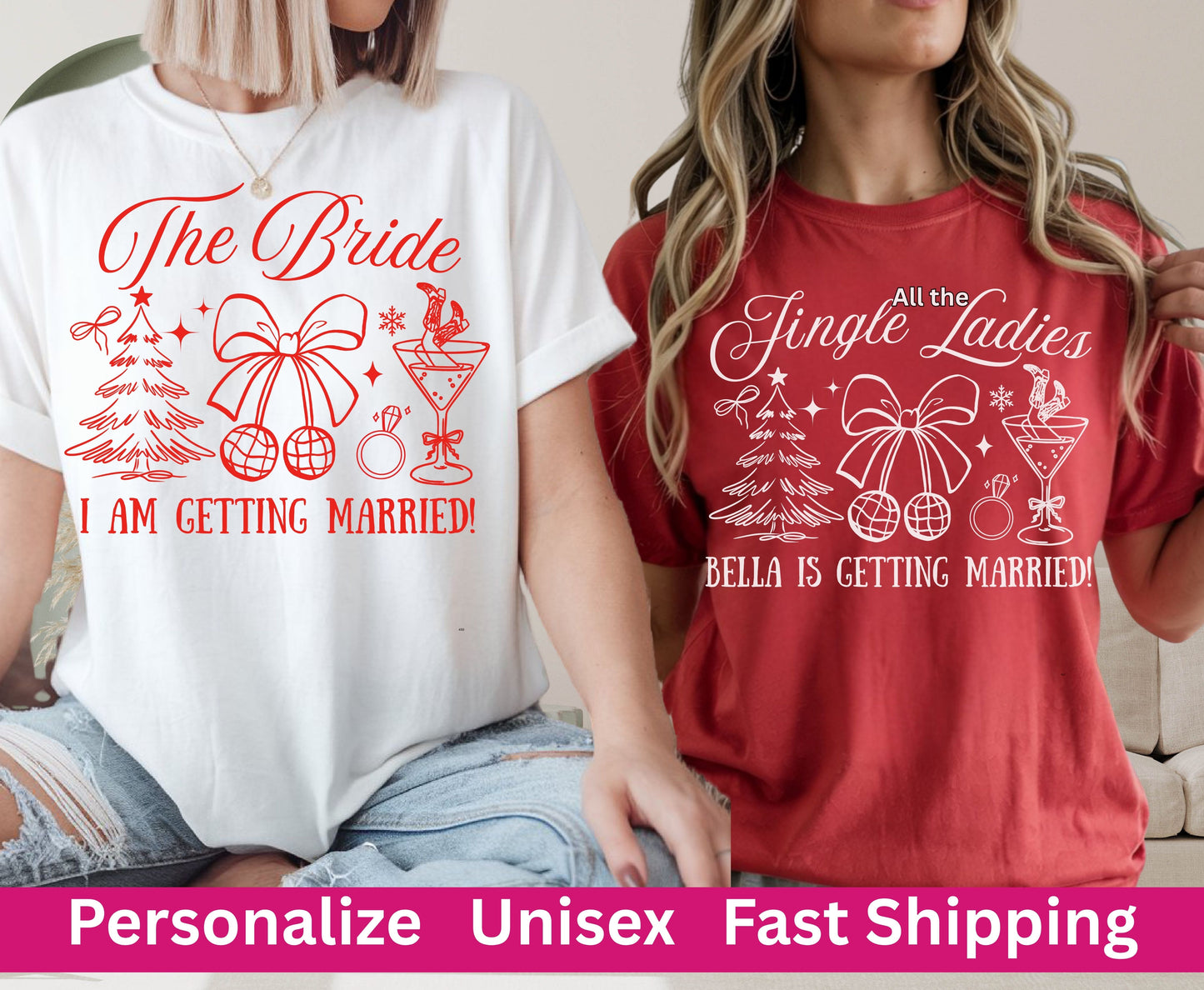 Trendy Christmas Bachelorette Party Shirts - Custom Christmas Hen do Unisex Tees Sweatshirt Gifts for Team Bride Bridesmaids