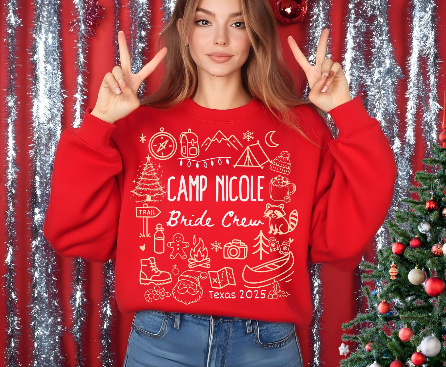 Trendy Christmas Camping Bachelorette Party Shirts - Custom Christmas Hen do Unisex Tees Sweatshirt Gifts for Team Bride Bridesmaids