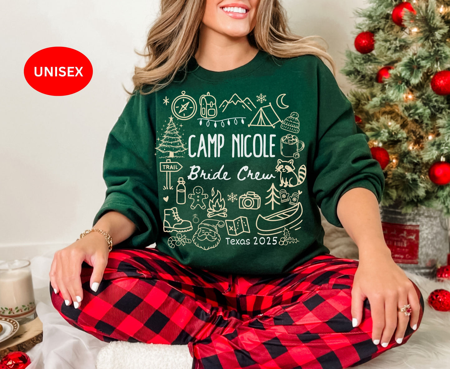 Trendy Christmas Camping Bachelorette Party Shirts - Custom Christmas Hen do Unisex Tees Sweatshirt Gifts for Team Bride Bridesmaids