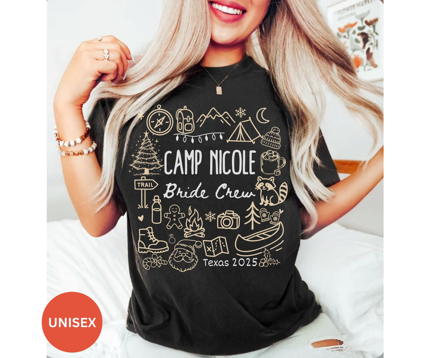 Trendy Christmas Camping Bachelorette Party Shirts - Custom Christmas Hen do Unisex Tees Sweatshirt Gifts for Team Bride Bridesmaids