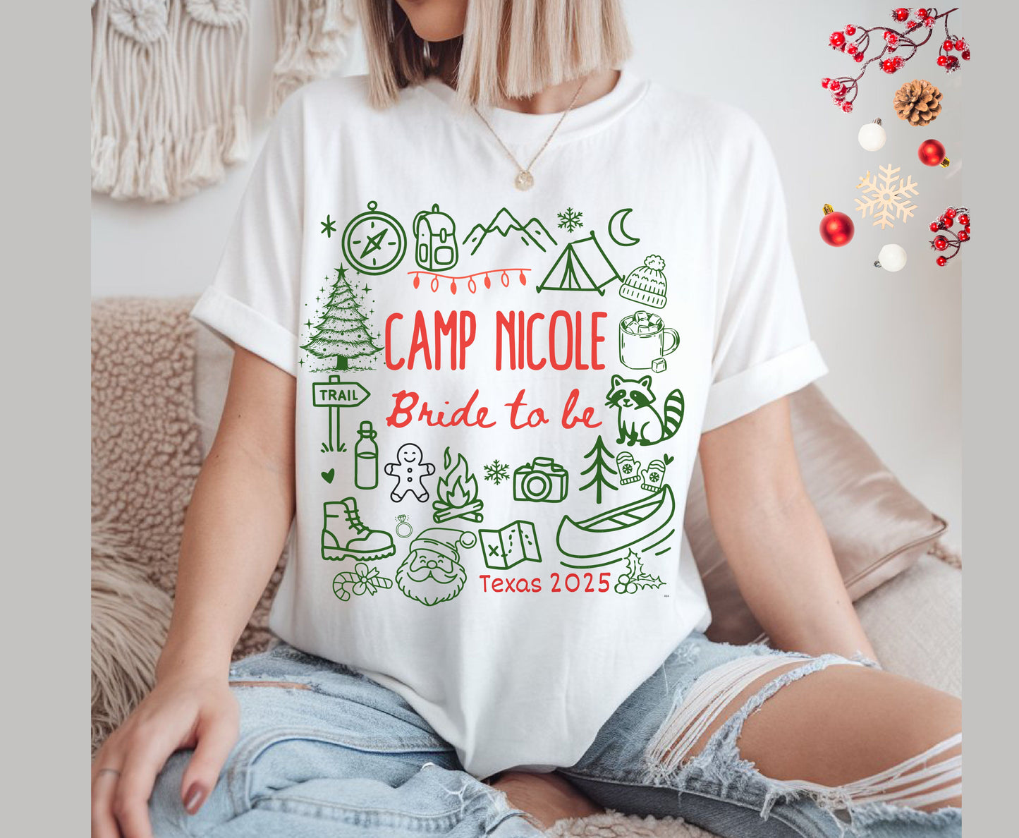 Trendy Christmas Camping Bachelorette Party Shirts - Custom Christmas Hen do Unisex Tees Sweatshirt Gifts for Team Bride Bridesmaids
