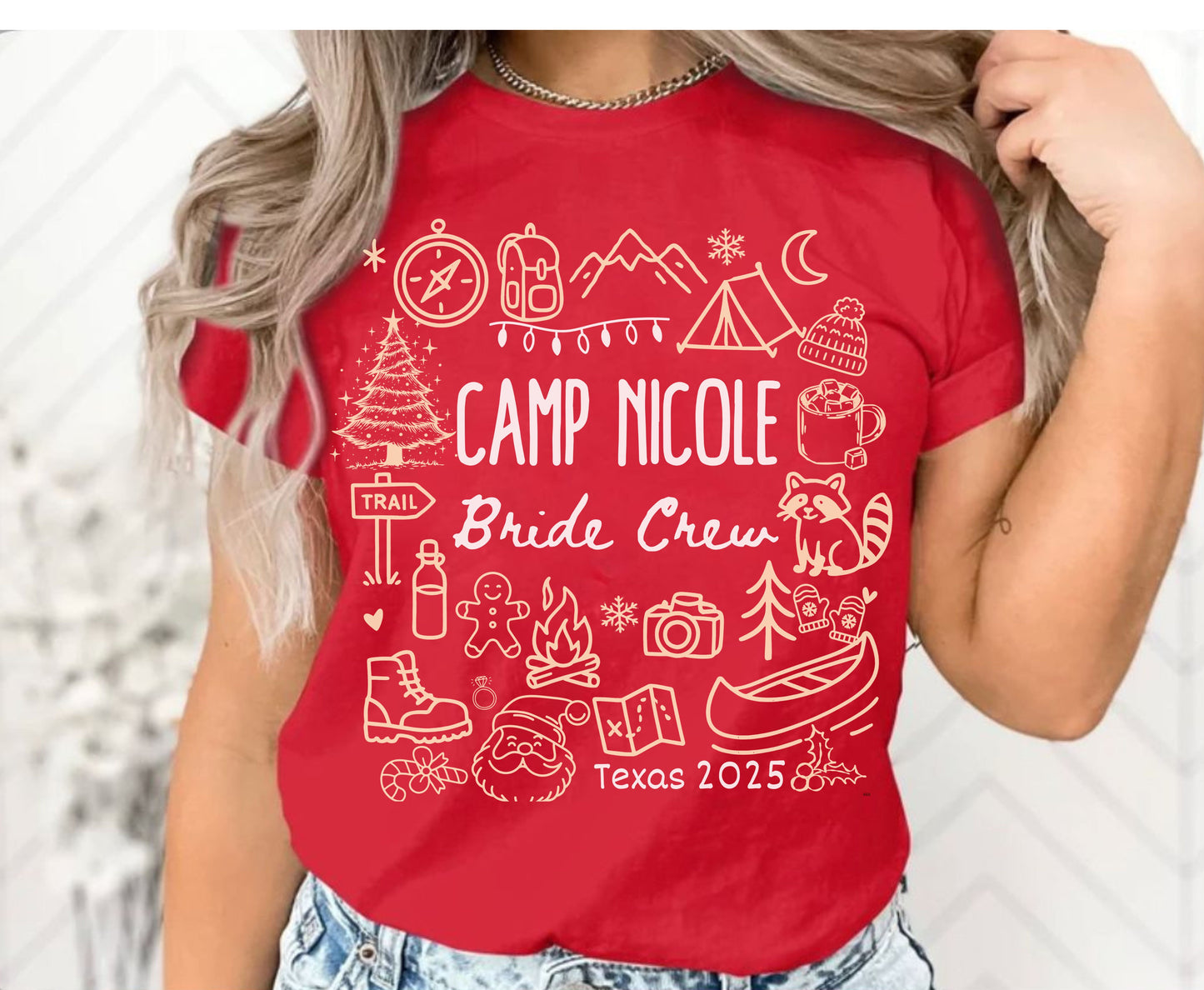 Trendy Christmas Camping Bachelorette Party Shirts - Custom Christmas Hen do Unisex Tees Sweatshirt Gifts for Team Bride Bridesmaids