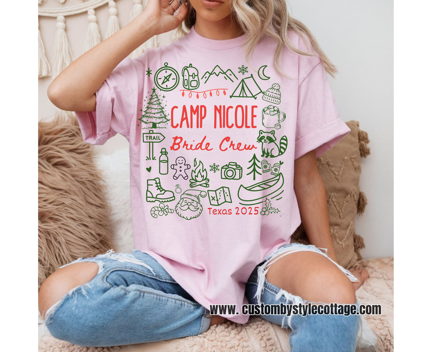 Trendy Christmas Camping Bachelorette Party Shirts - Custom Christmas Hen do Unisex Tees Sweatshirt Gifts for Team Bride Bridesmaids