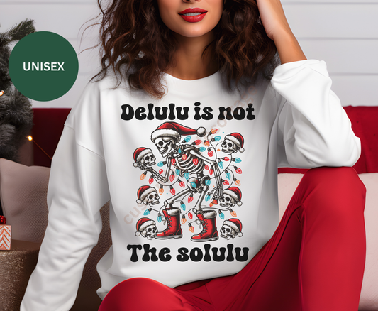 Funny Christmas Skeleton Santa Shirt Delulu is Not the Solulu Holiday T-Shirt Sweatshirt Hoodie | Unique Christmas Humor Tee Men Women Xmas