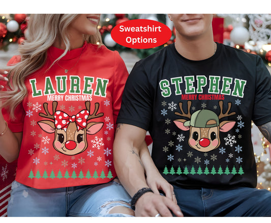 Personalized Christmas Reindeer  Family T-Shirts Sweatshirt - Trendy Christmas Disney Shirt - Up to 5XL - for Mom Dad Baby