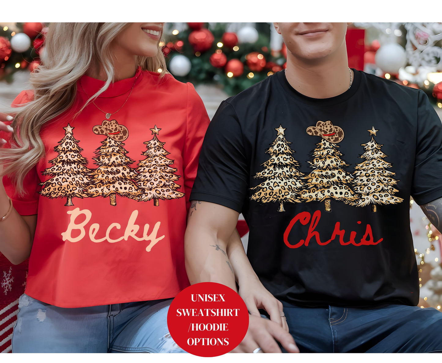 Custom Leopard Skin Christmas Tops - Western Cowboy Family Christmas Tee Sweatshirt