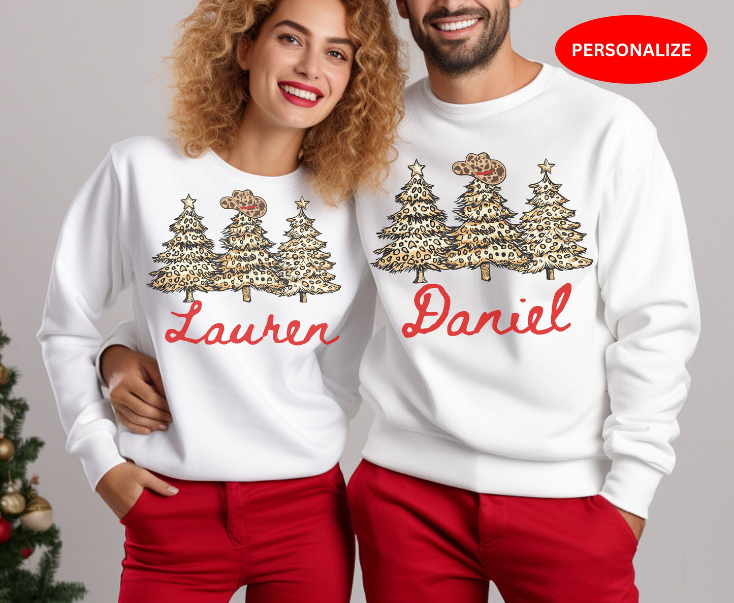 Custom Leopard Skin Christmas Tops - Western Cowboy Family Christmas Tee Sweatshirt