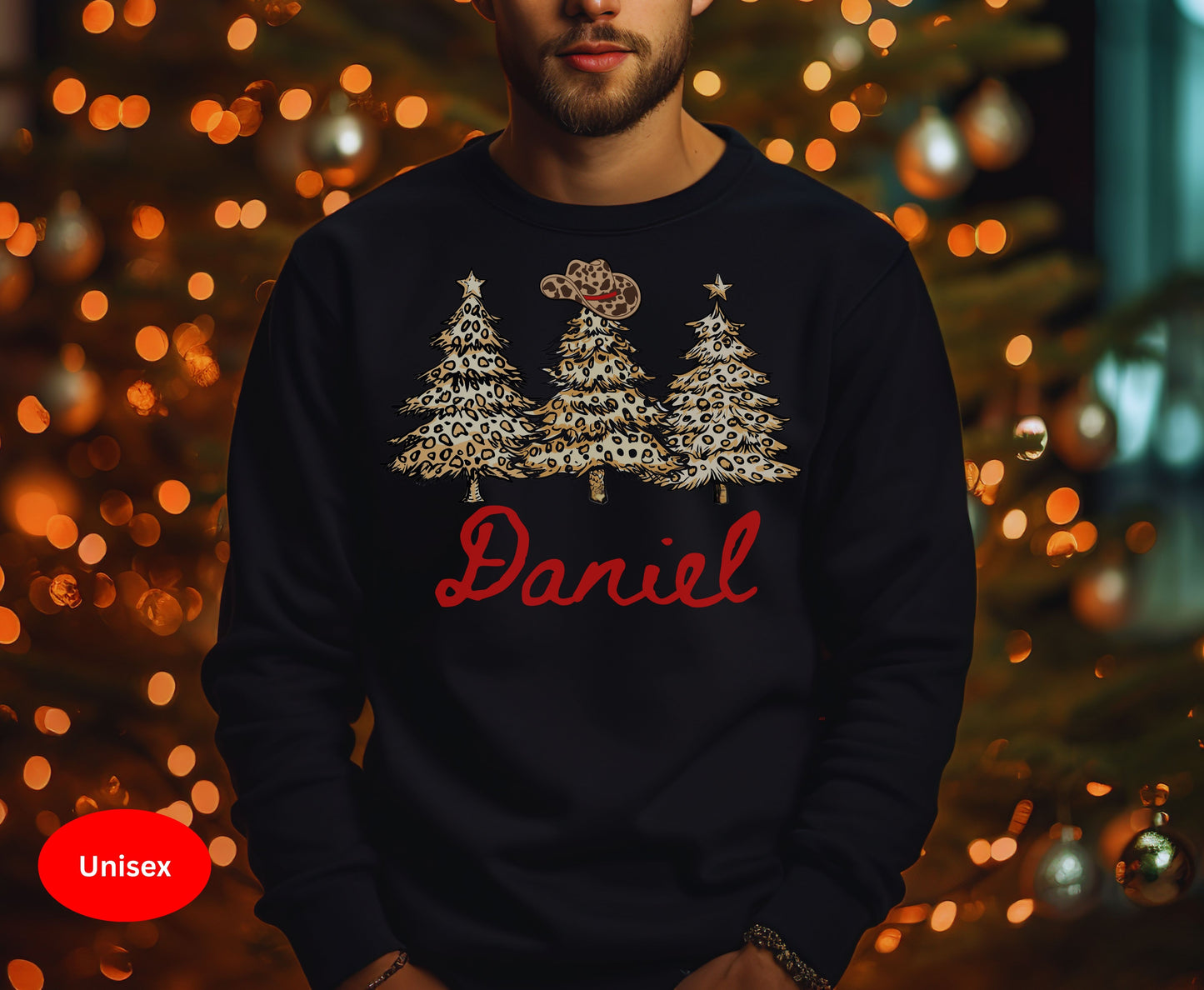 Custom Leopard Skin Christmas Tops - Western Cowboy Family Christmas Tee Sweatshirt