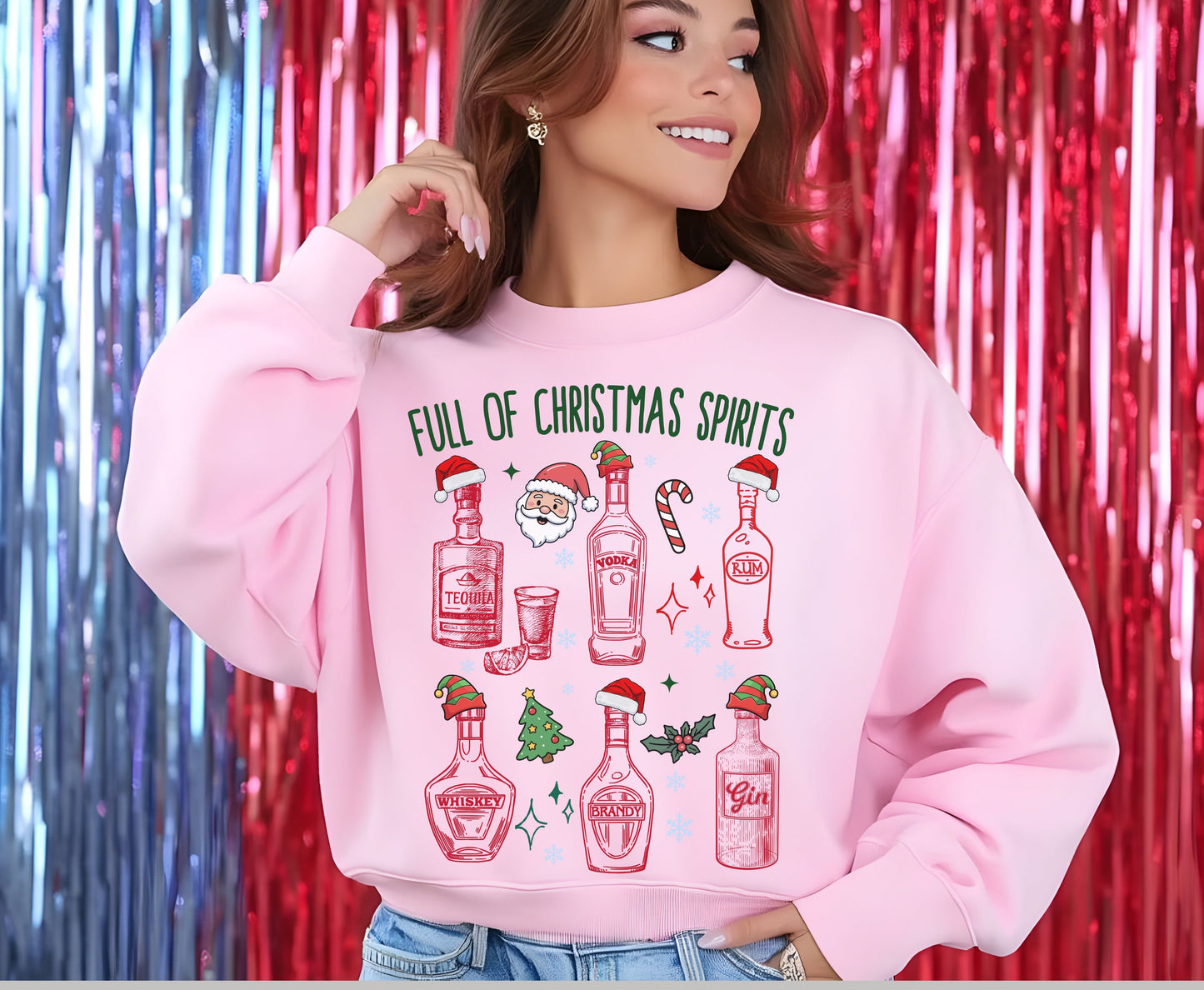 Funny Christmas Alcohol Themed Shirt, Full of Christmas Spirits - Unisex Alcoholic Tee Sweatshirts - Trendy Xmas Gifts for Alcoholic