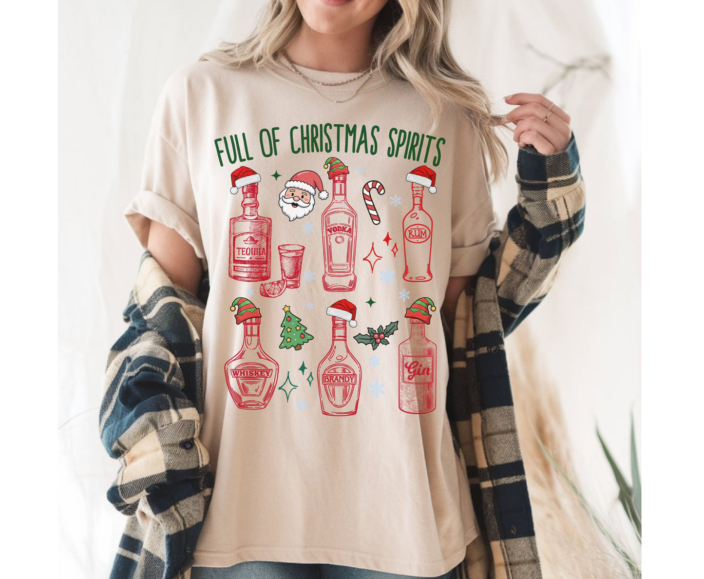 Funny Christmas Alcohol Themed Shirt, Full of Christmas Spirits - Unisex Alcoholic Tee Sweatshirts - Trendy Xmas Gifts for Alcoholic