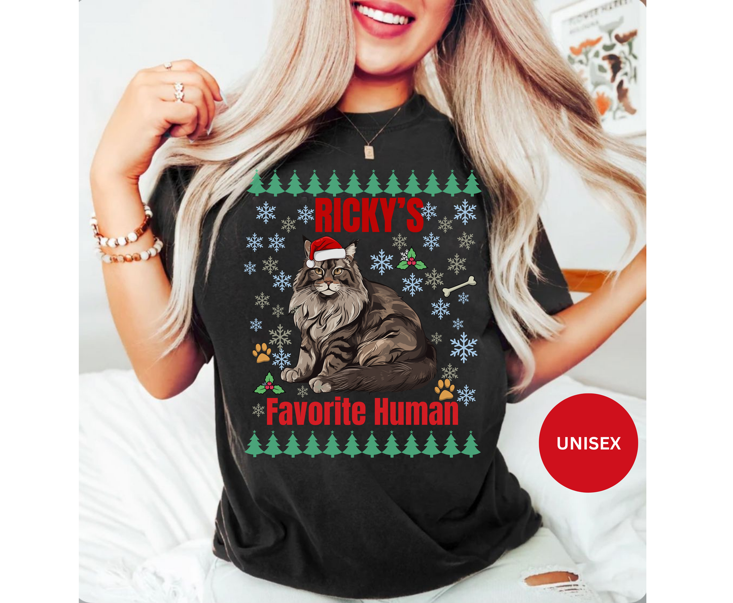 Custom Maine Coon Cat Christmas Jumper | Personalized Name Holiday Tee Gifts for Cat Lovers | Cute Winter Maine Coon Cat Shirt for Men Women