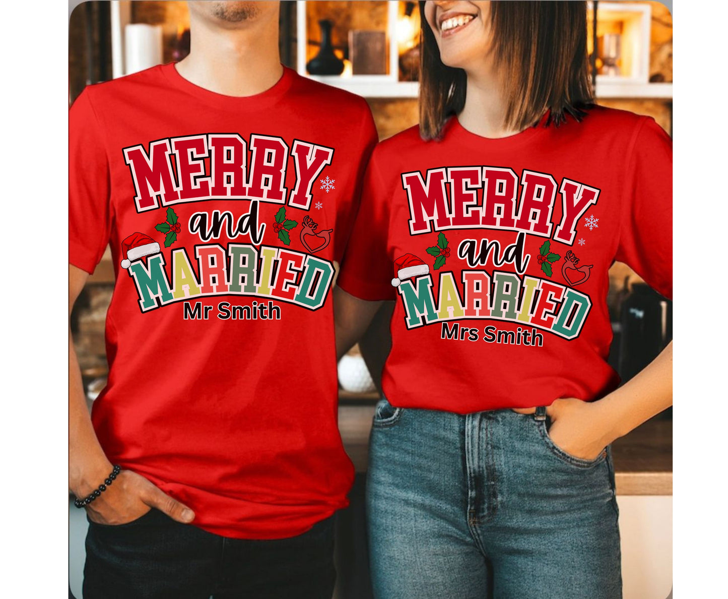 Merry and Married Couple Matching Christmas Shirts - Unisex Tee Sweatshirt for Wife and Husband