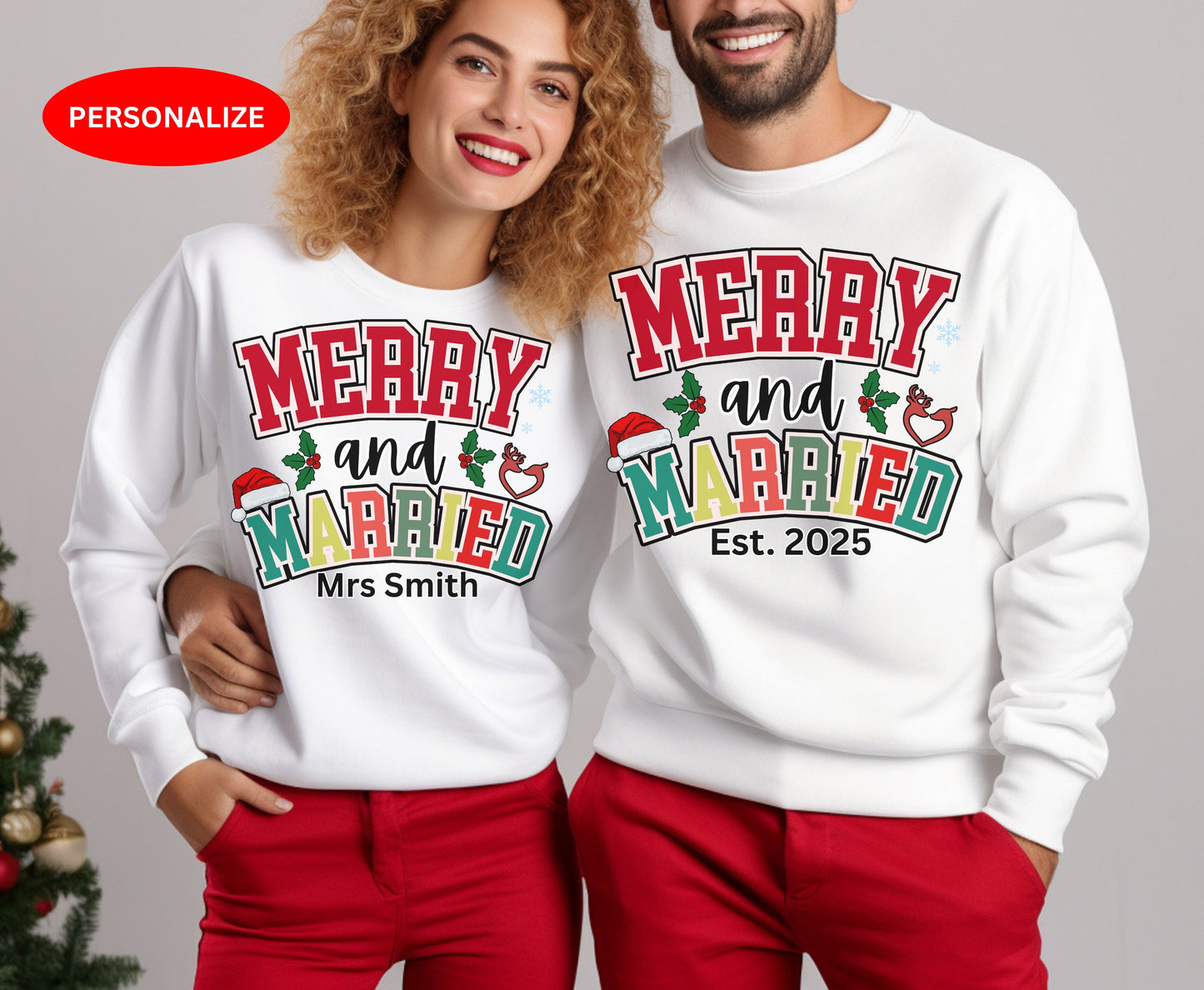 Merry and Married Couple Matching Christmas Shirts - Unisex Tee Sweatshirt for Wife and Husband
