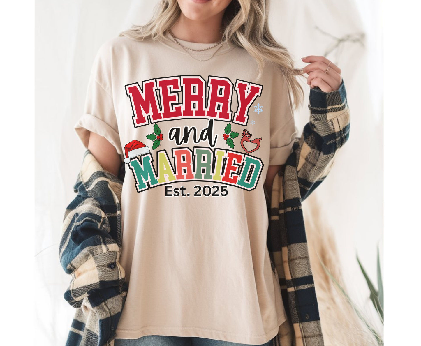 Merry and Married Couple Matching Christmas Shirts - Unisex Tee Sweatshirt for Wife and Husband