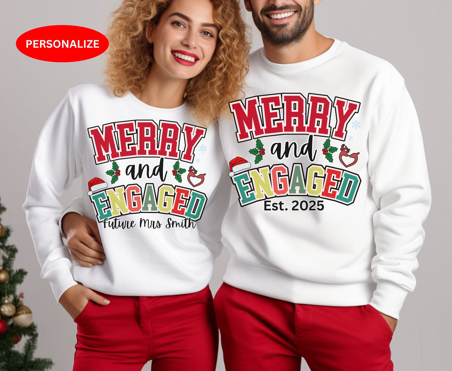 Merry and Engaged Couple Christmas Shirts - Unisex Tee Sweatshirt for Groom Bride To be - Xmas Bachelorette tops