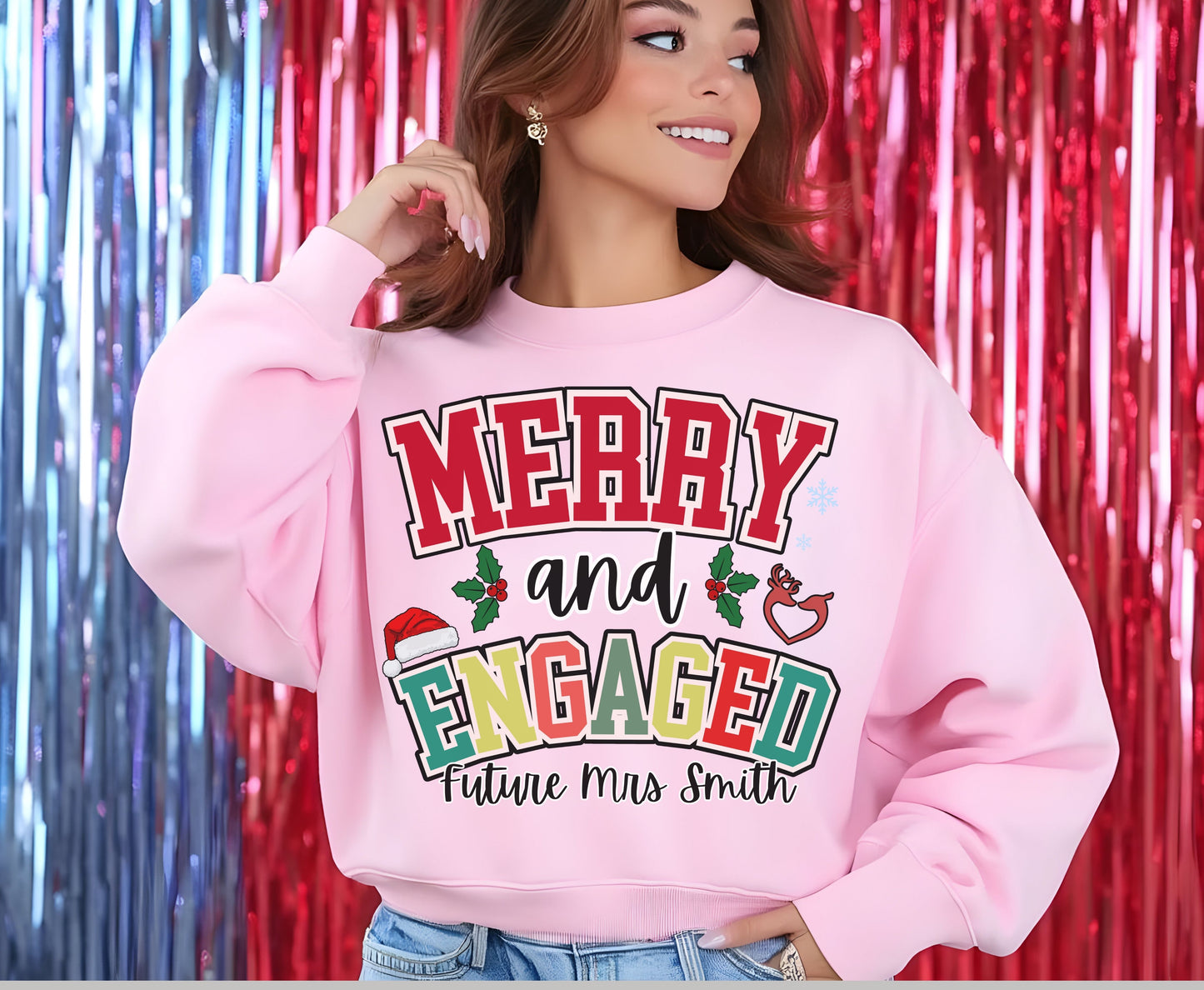 Merry and Engaged Couple Christmas Shirts - Unisex Tee Sweatshirt for Groom Bride To be - Xmas Bachelorette tops