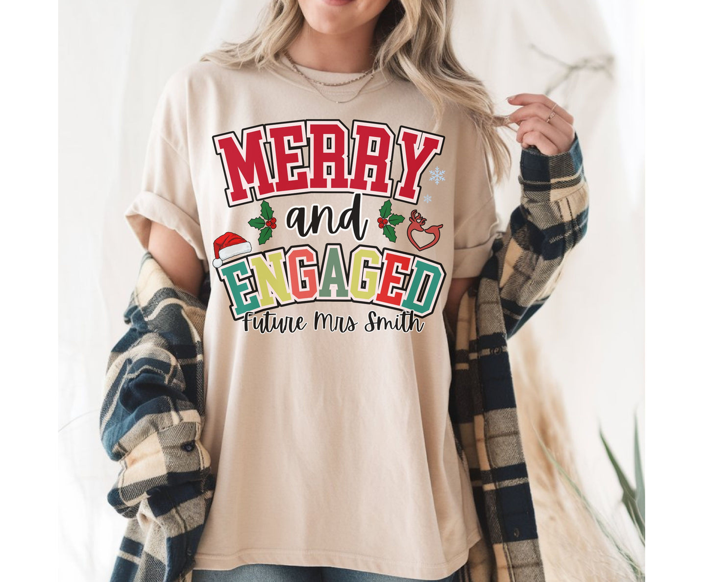 Merry and Engaged Couple Christmas Shirts - Unisex Tee Sweatshirt for Groom Bride To be - Xmas Bachelorette tops