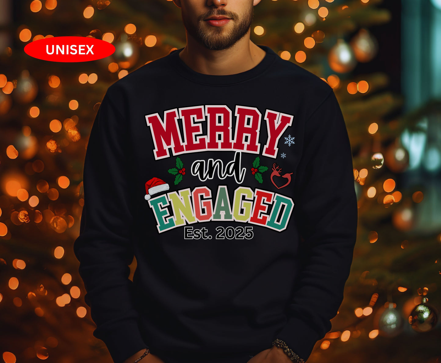 Merry and Engaged Couple Christmas Shirts - Unisex Tee Sweatshirt for Groom Bride To be - Xmas Bachelorette tops