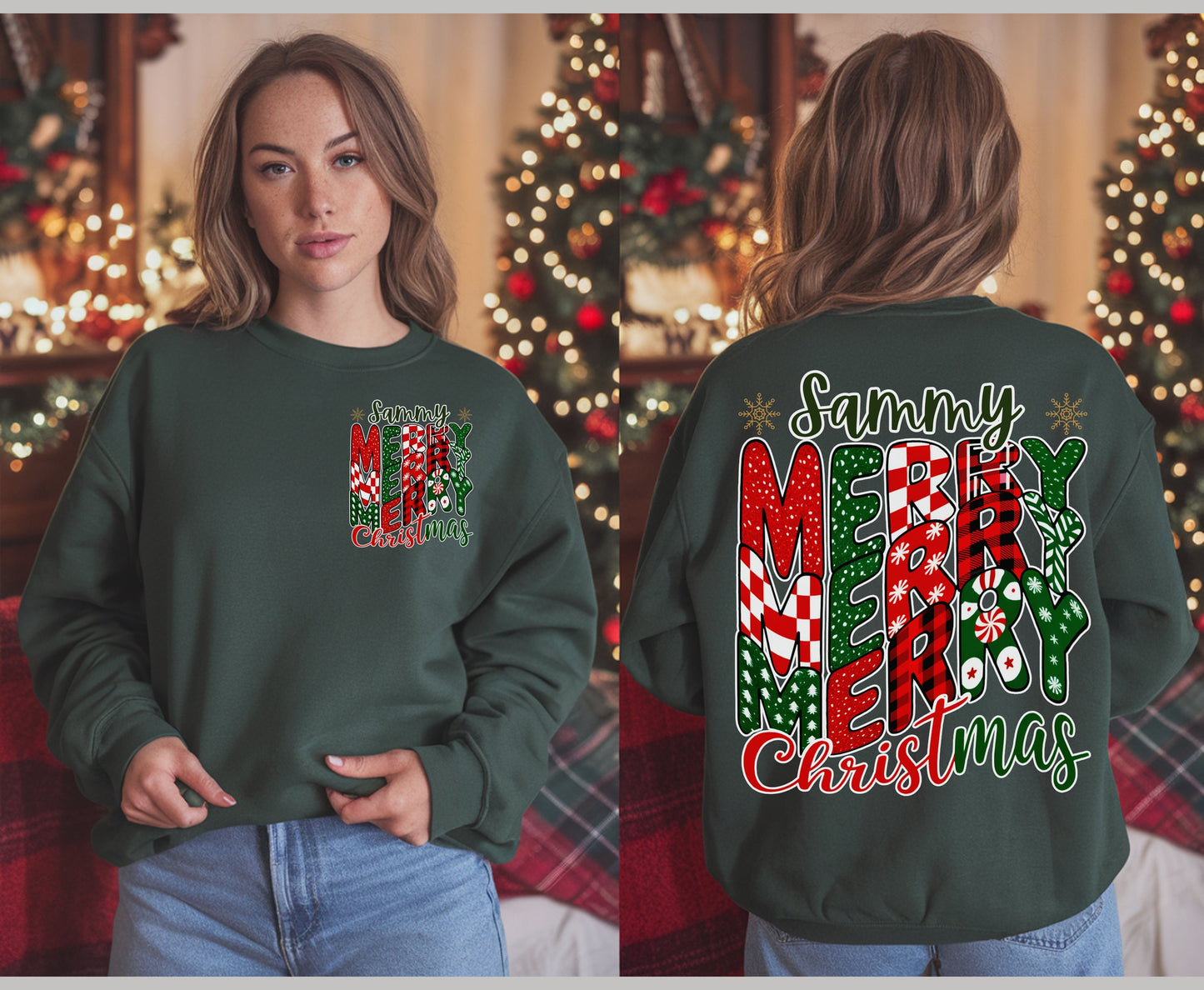 Personalized Merry Christmas Unisex Tee Sweatshirt Options - VSCO Back Print Design - Add Name