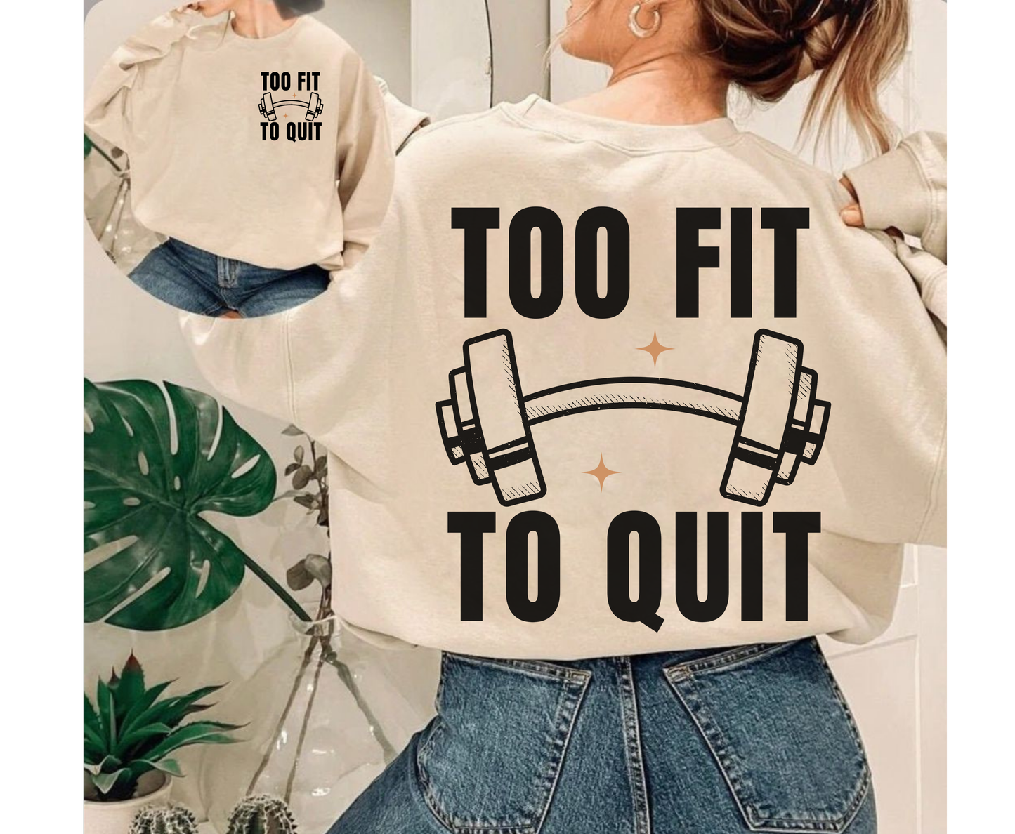 Vsco Funny Workout T-Shirt Too fit to quit Weightlifter fitness Gift Unisex Oversized Work Out Tee