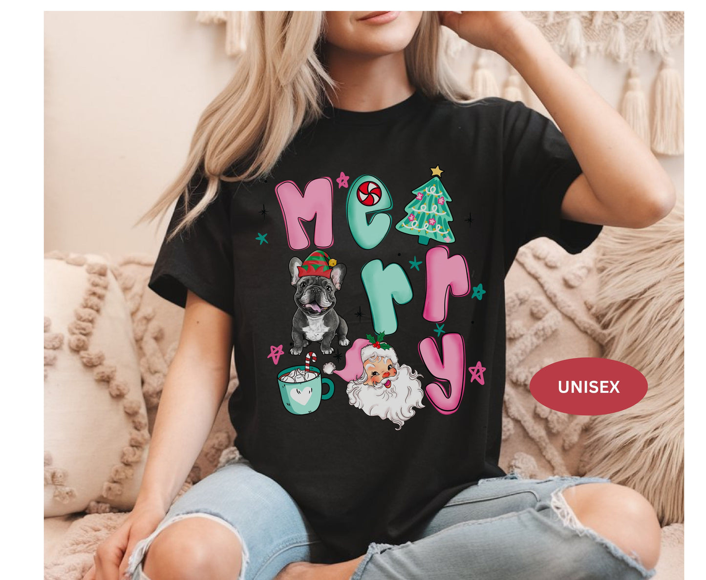 Retro Frenchie Dog Breed Christmas Tee Jumper -  French Bulldog Dog mom dad Xmas Unisex Shirts