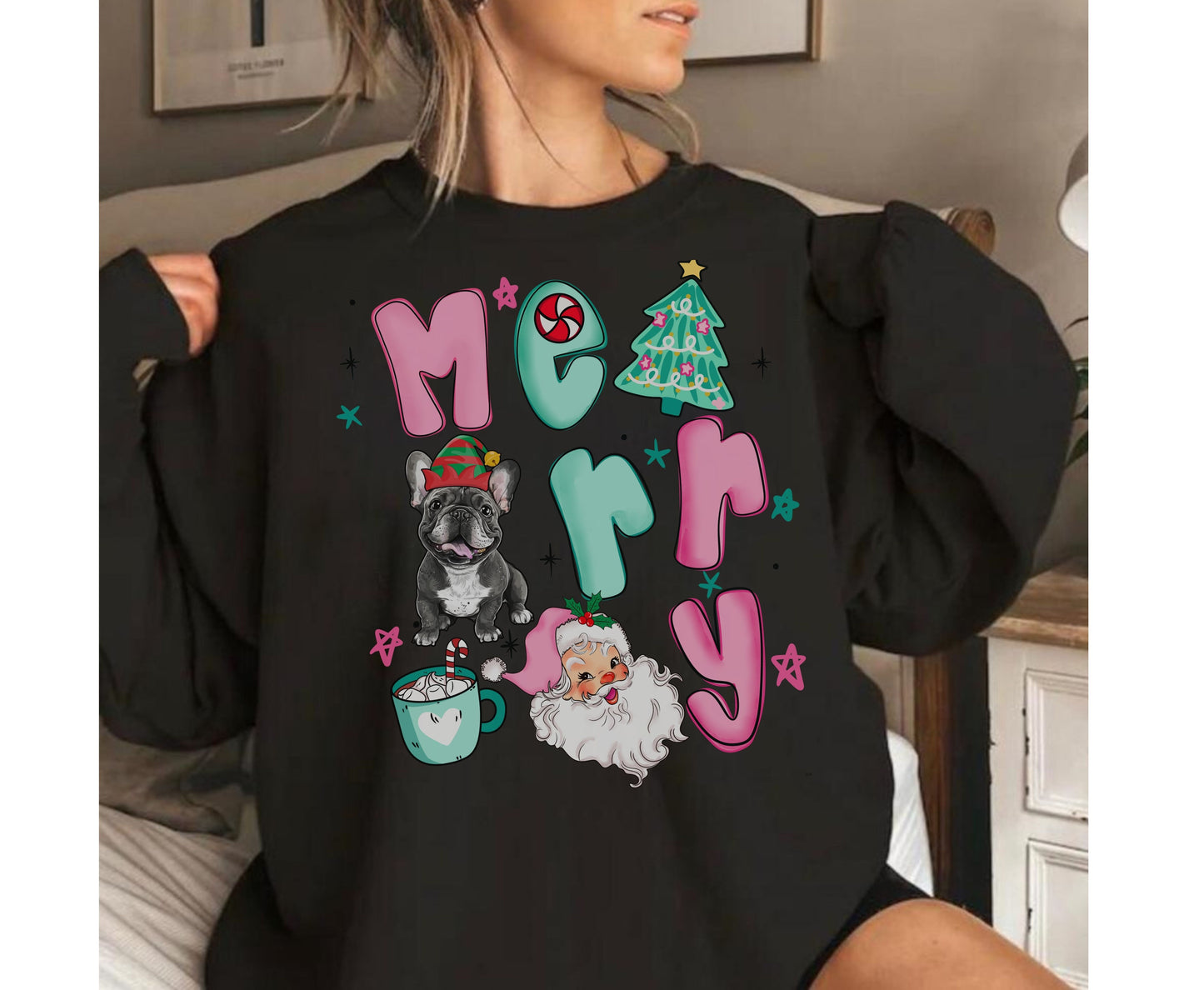 Retro Frenchie Dog Breed Christmas Tee Jumper -  French Bulldog Dog mom dad Xmas Unisex Shirts