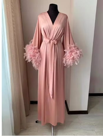 Maxi Bride Dressing Robes with Feather Silk Bride to be Robe