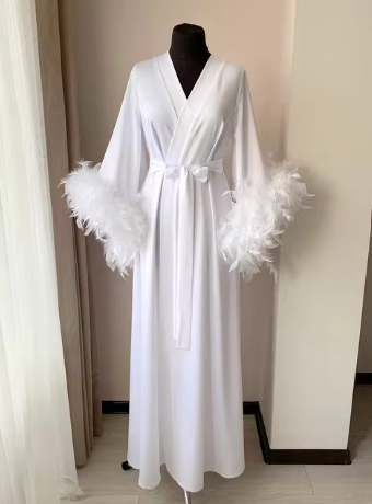 Maxi Bride Dressing Robes with Feather Silk Bride to be Robe