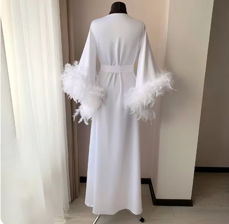 Maxi Bride Dressing Robes with Feather Silk Bride to be Robe