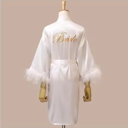 Women FEATHER Bride Bridesmaid Wedding Robe Satin Kimono