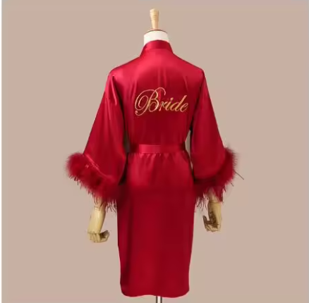 Women FEATHER Bride Bridesmaid Wedding Robe Satin Kimono