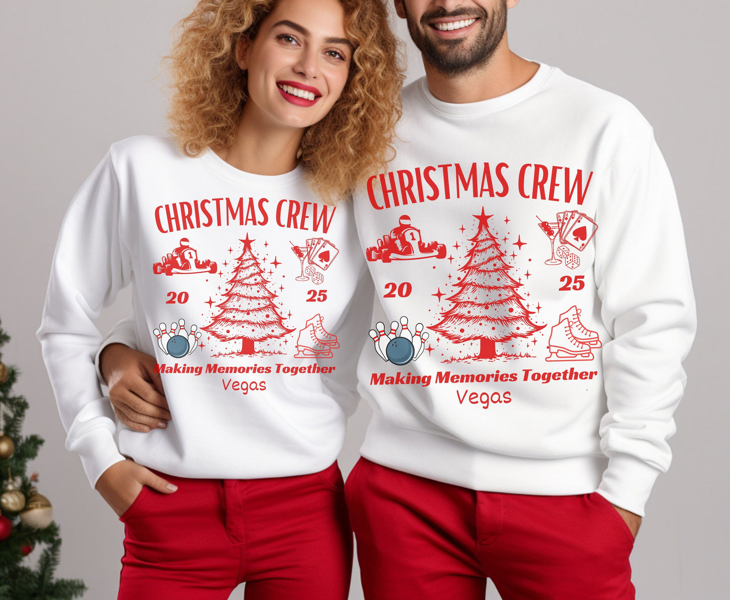 Personalized Christmas Crew Outing Tee Sweatshirt for Adults Kids- Unisex Custom Xmas Formula 1 Bowling Jumpers