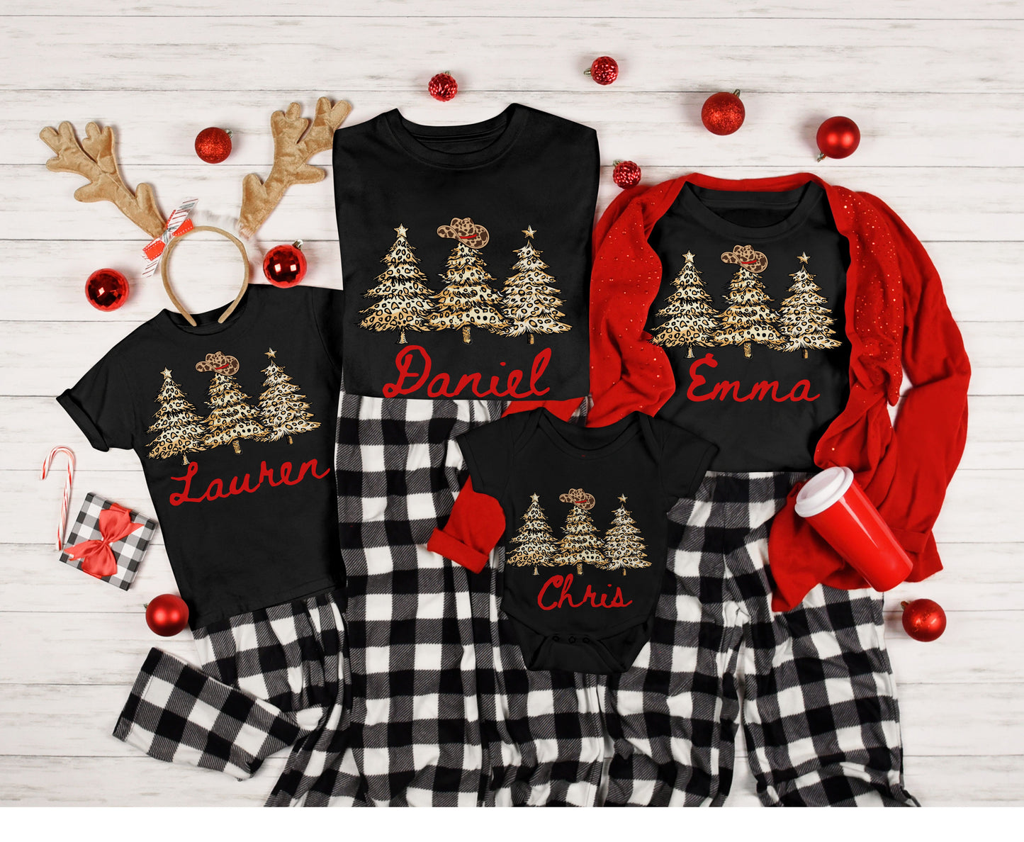 Custom Leopard Skin Christmas Tops - Western Cowboy Family Christmas Tee Sweatshirt