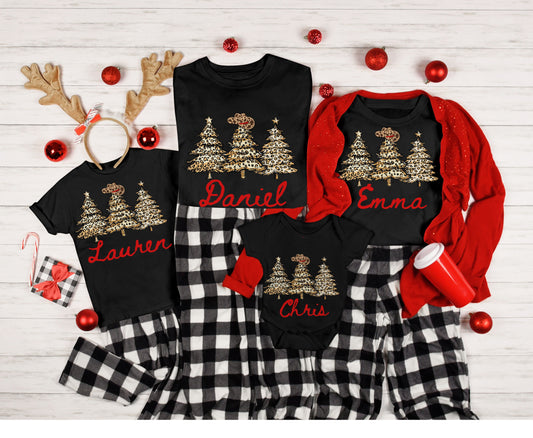 Custom Leopard Skin Christmas Tops - Western Cowboy Family Christmas Tee Sweatshirt