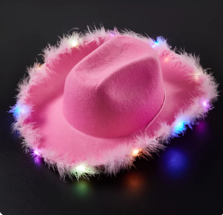 Feather Trim Cowboy Bachelorette Hats with Colorful LED Light Fun Club Party Disco Pink Cowgirl Hat for Women Men