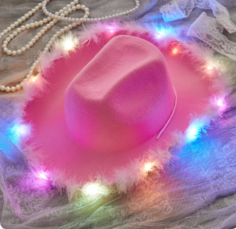 Feather Trim Cowboy Bachelorette Hats with Colorful LED Light Fun Club Party Disco Pink Cowgirl Hat for Women Men