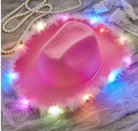 Feather Trim Cowboy Bachelorette Hats with Colorful LED Light Fun Club Party Disco Pink Cowgirl Hat for Women Men