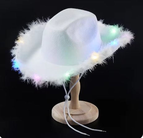 Feather Trim Cowboy Bachelorette Hats with Colorful LED Light Fun Club Party Disco Pink Cowgirl Hat for Women Men