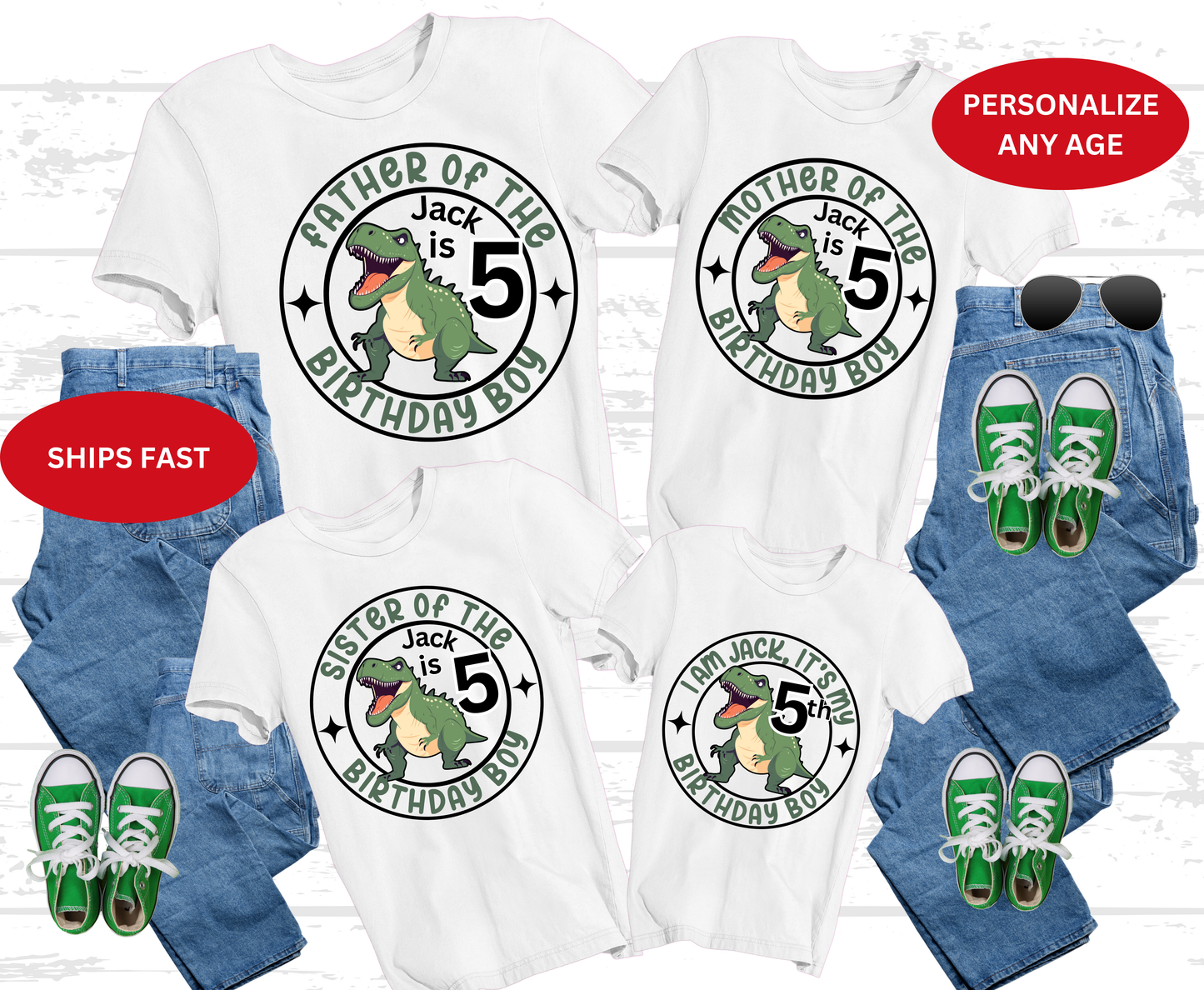 1st 3rd 5th 7th 10th Personalized Dinosaur Birthday boy party T-Shirt Customizable 5th Birthday Family Matching Outfit for Kids Dad Mom 5th