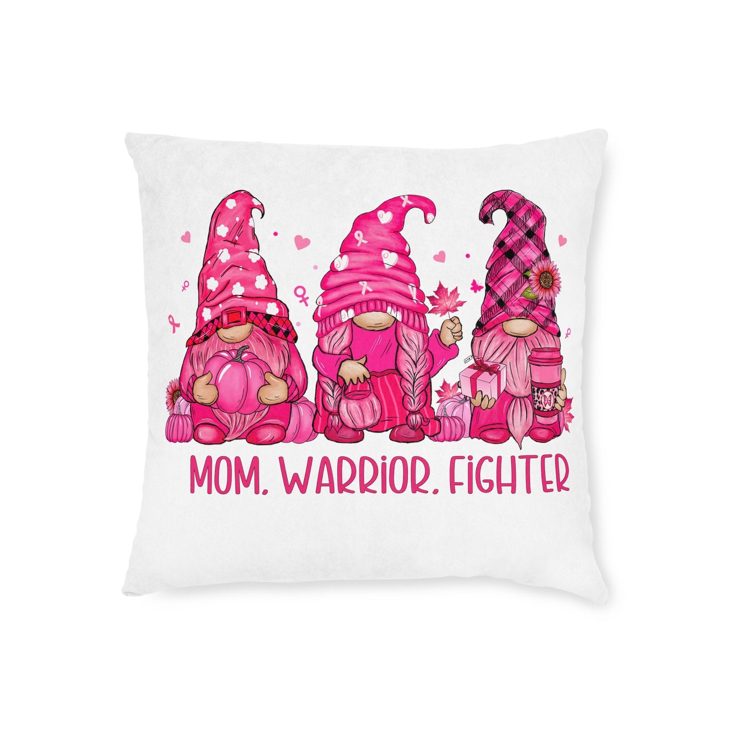 Breast Cancer Awareness Pillow - Mom Warrior Fighter Pink Fall Gift for Women Ladies Girls - Charity Donation Birthday Christmas Gnome