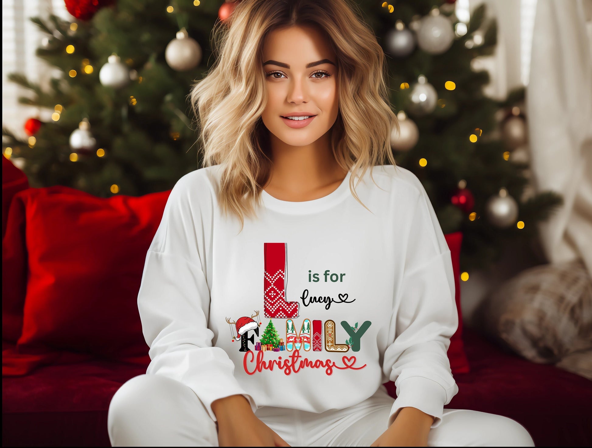 Personalised name and Christmas Alphabet Family matching crewneck sweatshirt and tshirt and tee gifts for adults and kids. White Christmas Jumper custom name for men women adults and babies