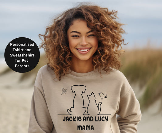 Personalised name of dog and cat on sweatshirt, Unisex crewneck sweatshirt for men and women with heart and butterfly sign sand color shirt